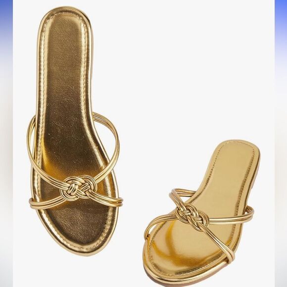 Women's Strappy Flat Sandals Open Toe Gold Metallic Summer Trendy Dressy Slides - Picture 4 of 9